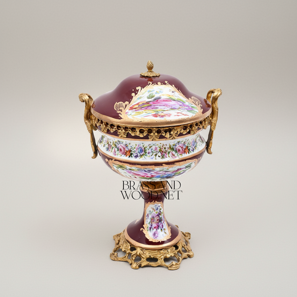 Sèvres-Style Porcelain & Brass Garniture Set - Burgundy Floral Hand-Painted Urns with Lidded Centrepiece — Antique Gold