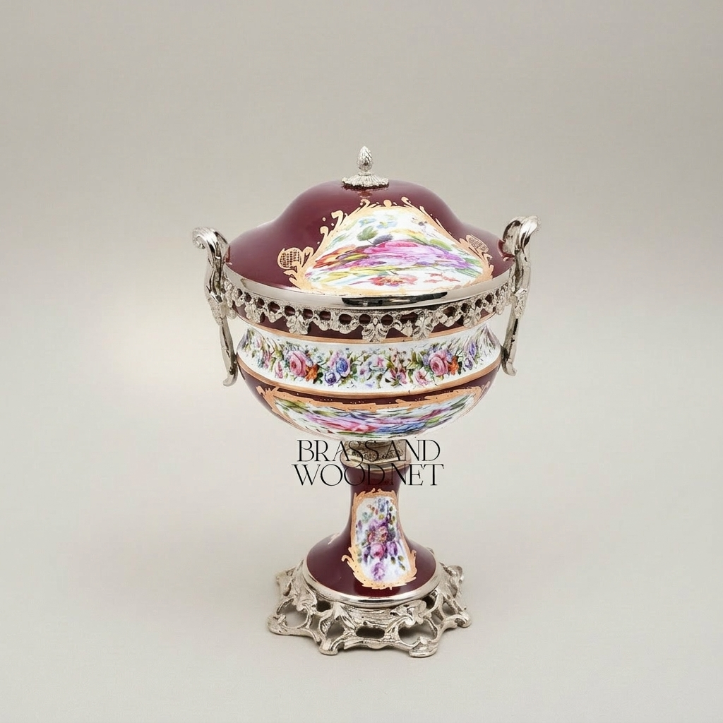 Sèvres-Style Porcelain & Brass Garniture Set - Burgundy Floral Hand-Painted Urns with Lidded Centrepiece — Silver