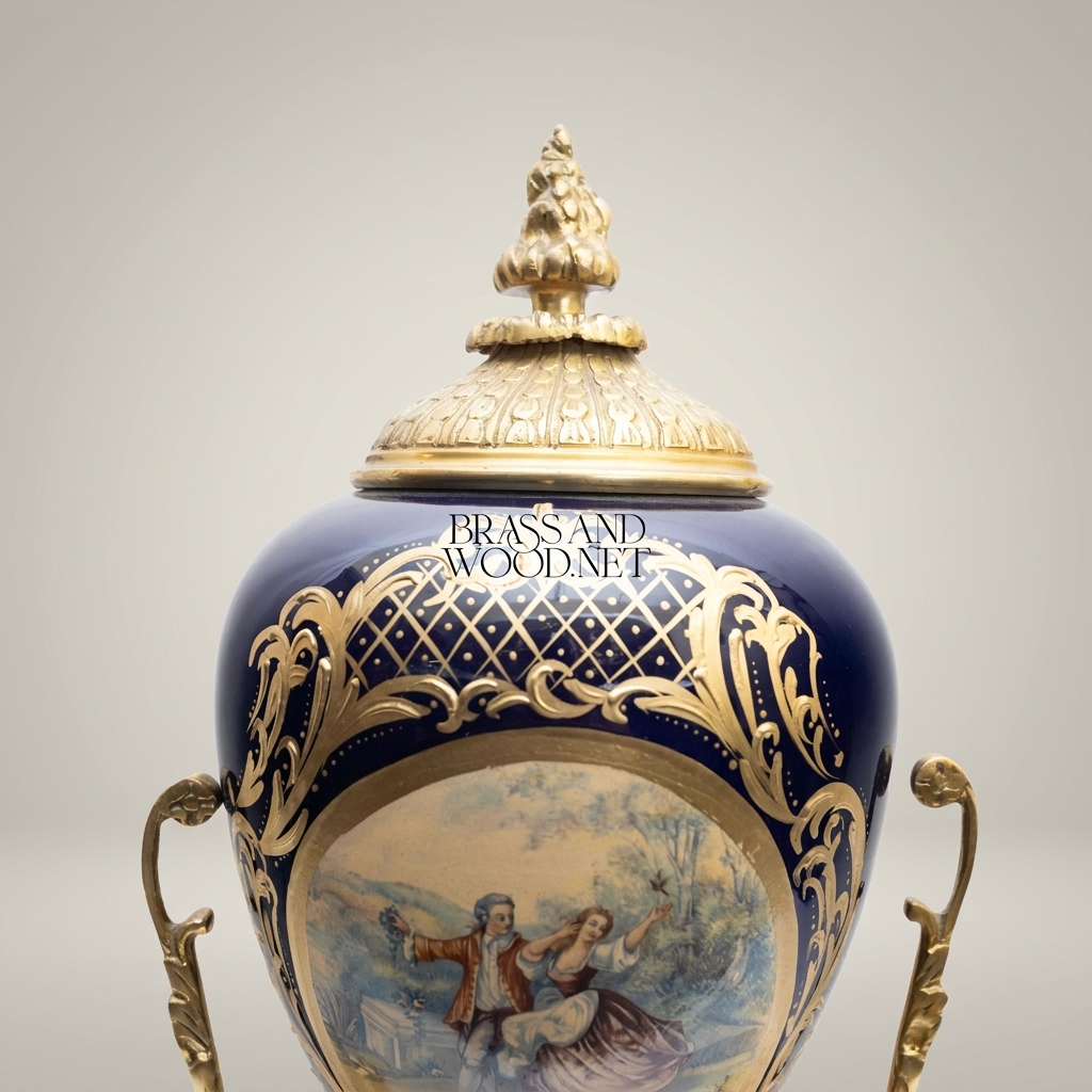 Sèvres-Style Porcelain & Brass Mantel Clock with Cobalt Urn and Fête Galante Medallion — Antique Gold