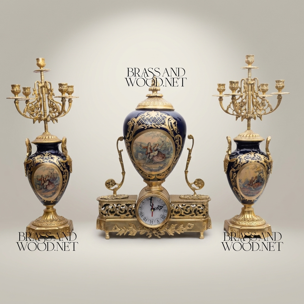 Sèvres-Style Porcelain & Brass Mantel Clock with Cobalt Urn and Fête Galante Medallion — Antique Gold