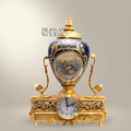 Sèvres-Style Porcelain & Brass Mantel Clock with Cobalt Urn and Fête Galante Medallion — Gold