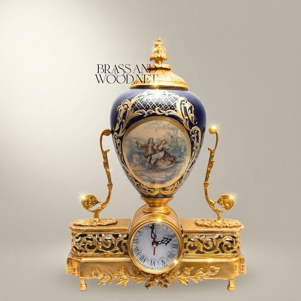 Sèvres-Style Porcelain & Brass Mantel Clock with Cobalt Urn and Fête Galante Medallion — Gold