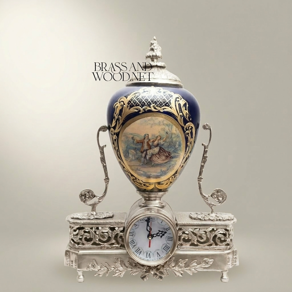 Sèvres-Style Porcelain & Brass Mantel Clock with Cobalt Urn and Fête Galante Medallion — Silver