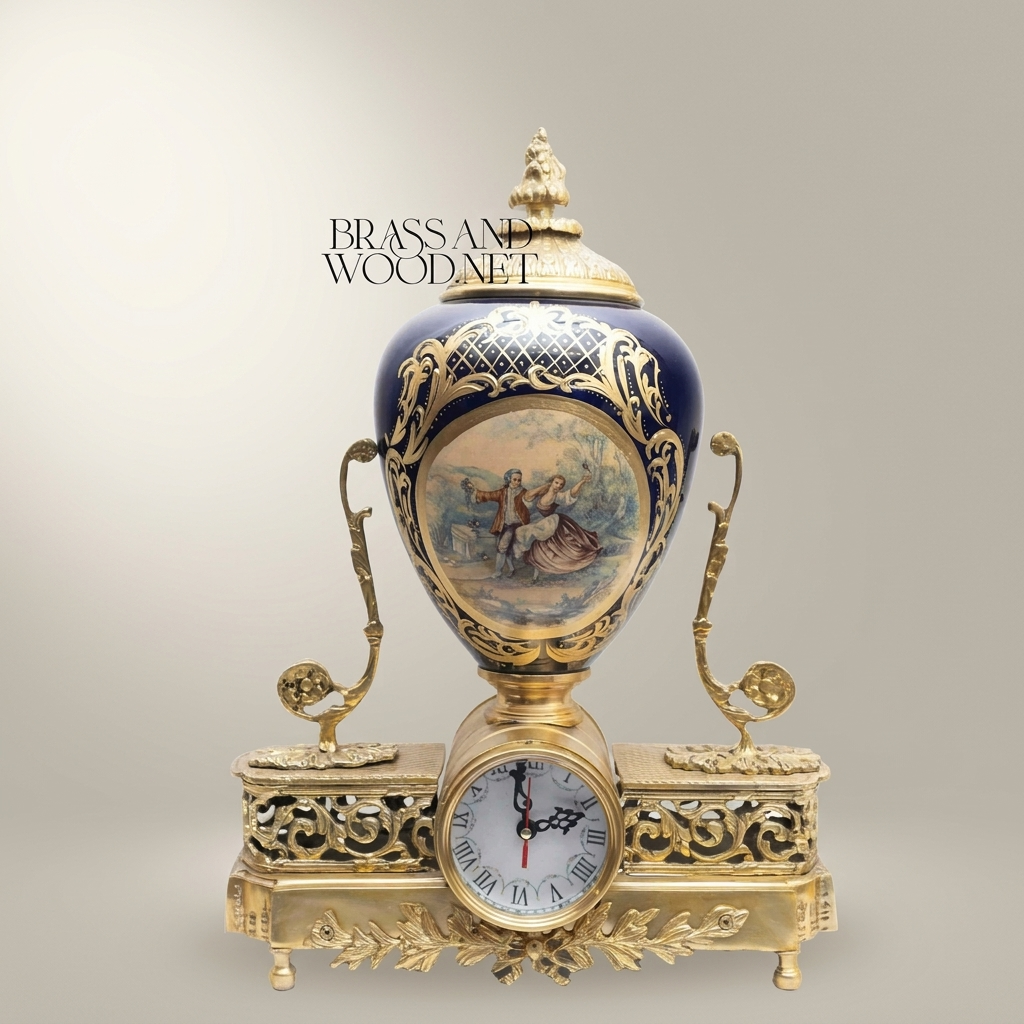 Sèvres-Style Porcelain & Brass Mantel Clock with Cobalt Urn and Fête Galante Medallion — Antique Gold
