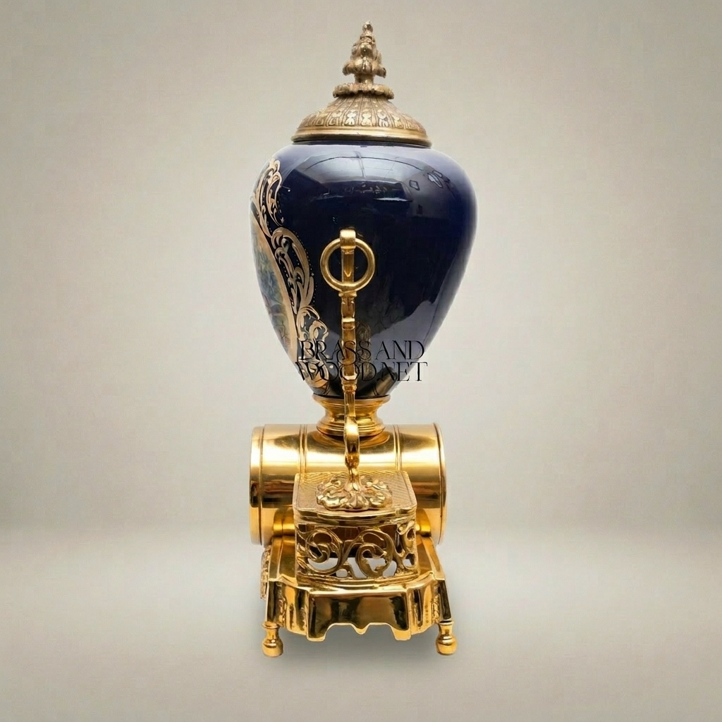 Sèvres-Style Porcelain & Brass Mantel Clock with Cobalt Urn and Fête Galante Medallion — Gold