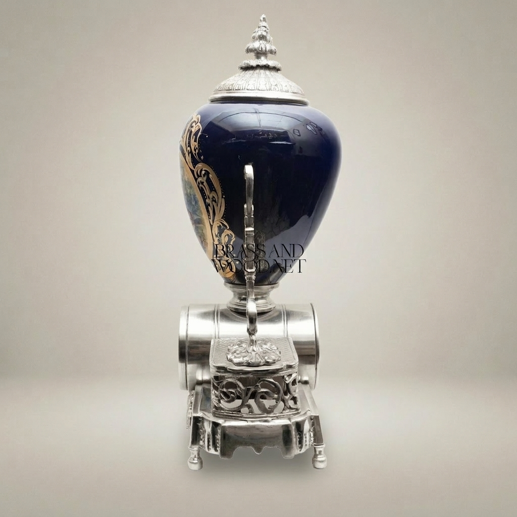 Sèvres-Style Porcelain & Brass Mantel Clock with Cobalt Urn and Fête Galante Medallion — Silver