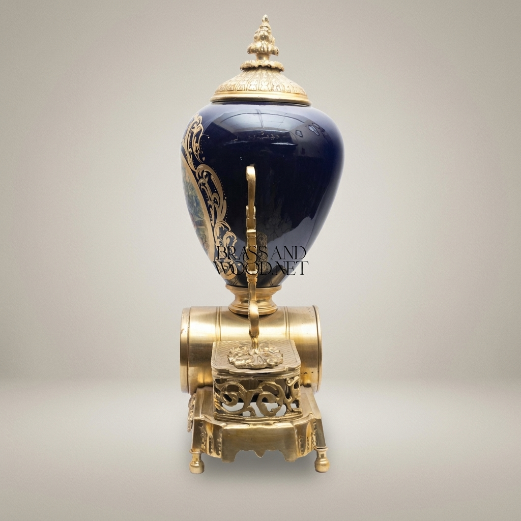 Sèvres-Style Porcelain & Brass Mantel Clock with Cobalt Urn and Fête Galante Medallion — Antique Gold
