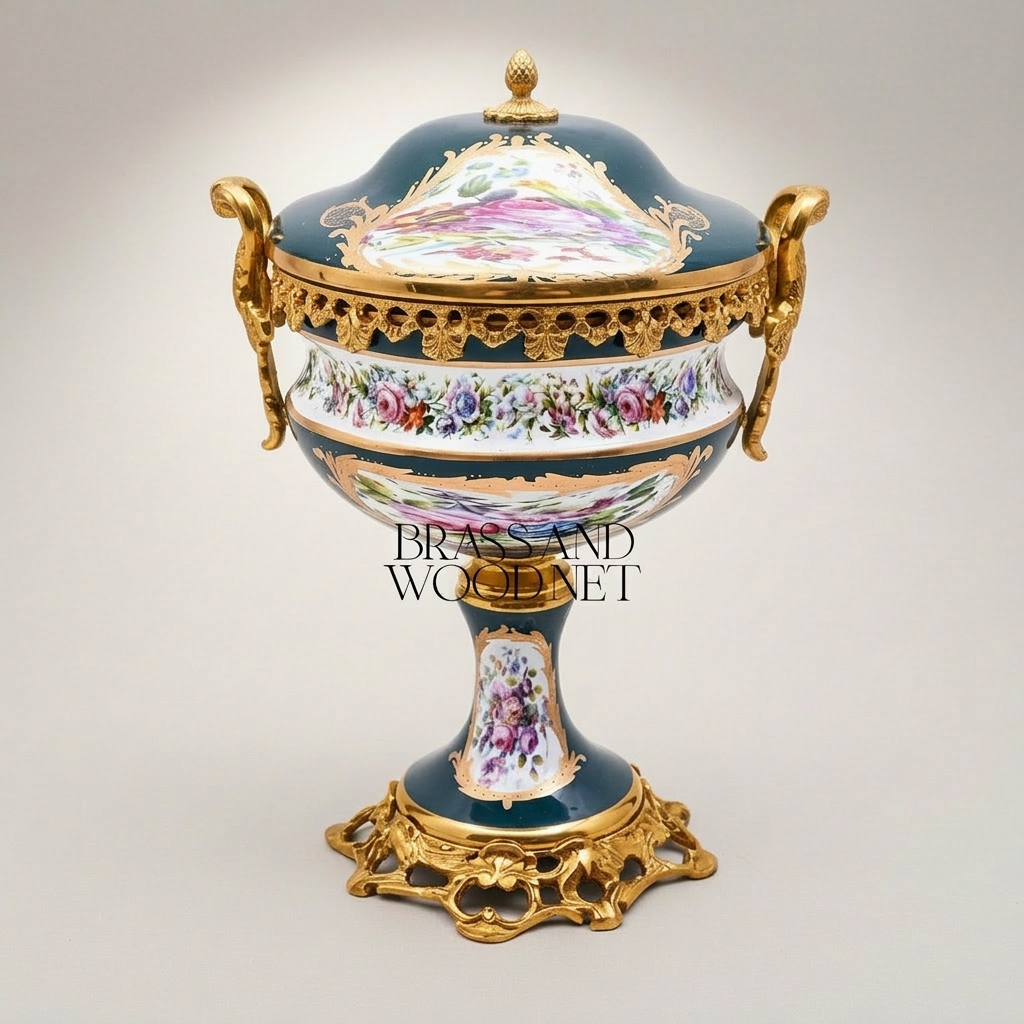 Sèvres-Style Porcelain & Brass Vase Set – Hand-Painted Floral Panels on Navy Ground — Gold