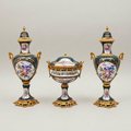 Sèvres-Style Porcelain & Brass Vase Set – Hand-Painted Floral Panels on Navy Ground — Gold