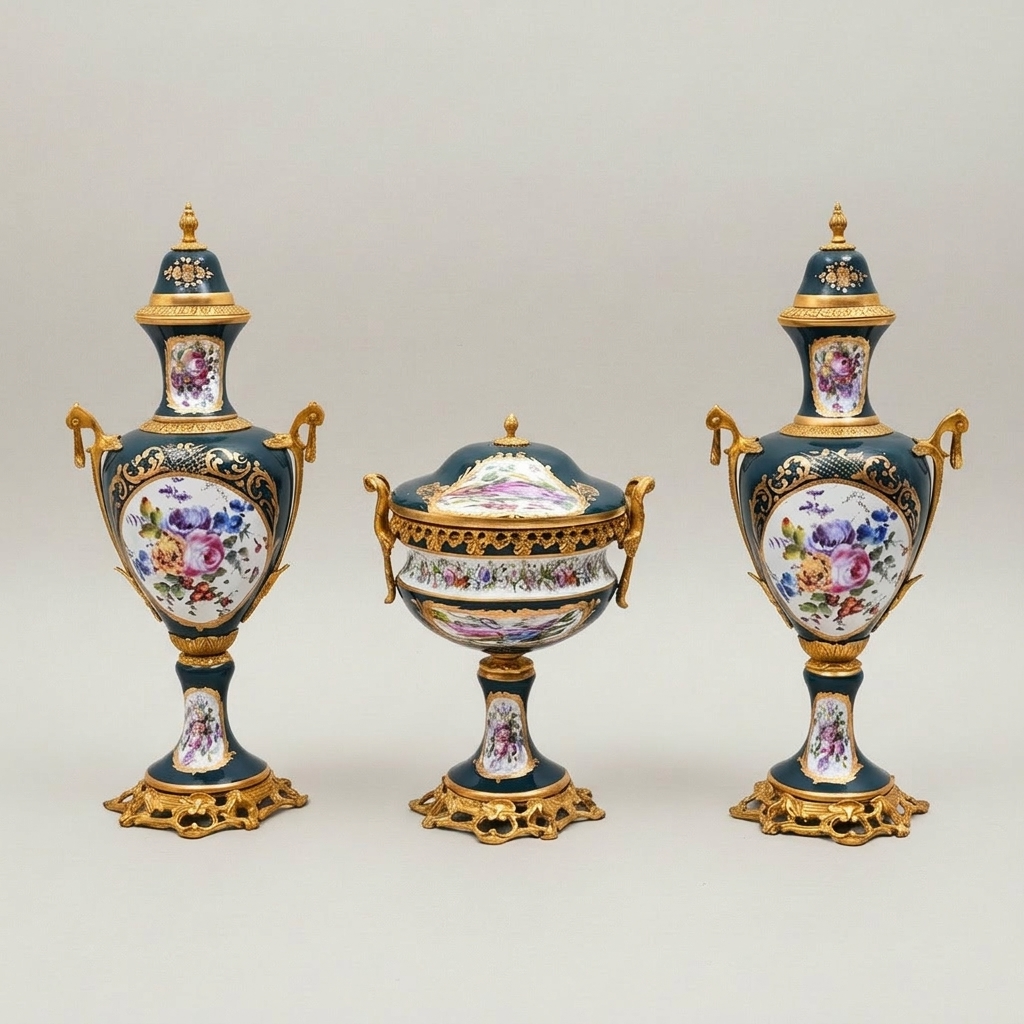 Sèvres-Style Porcelain & Brass Vase Set – Hand-Painted Floral Panels on Navy Ground — Gold