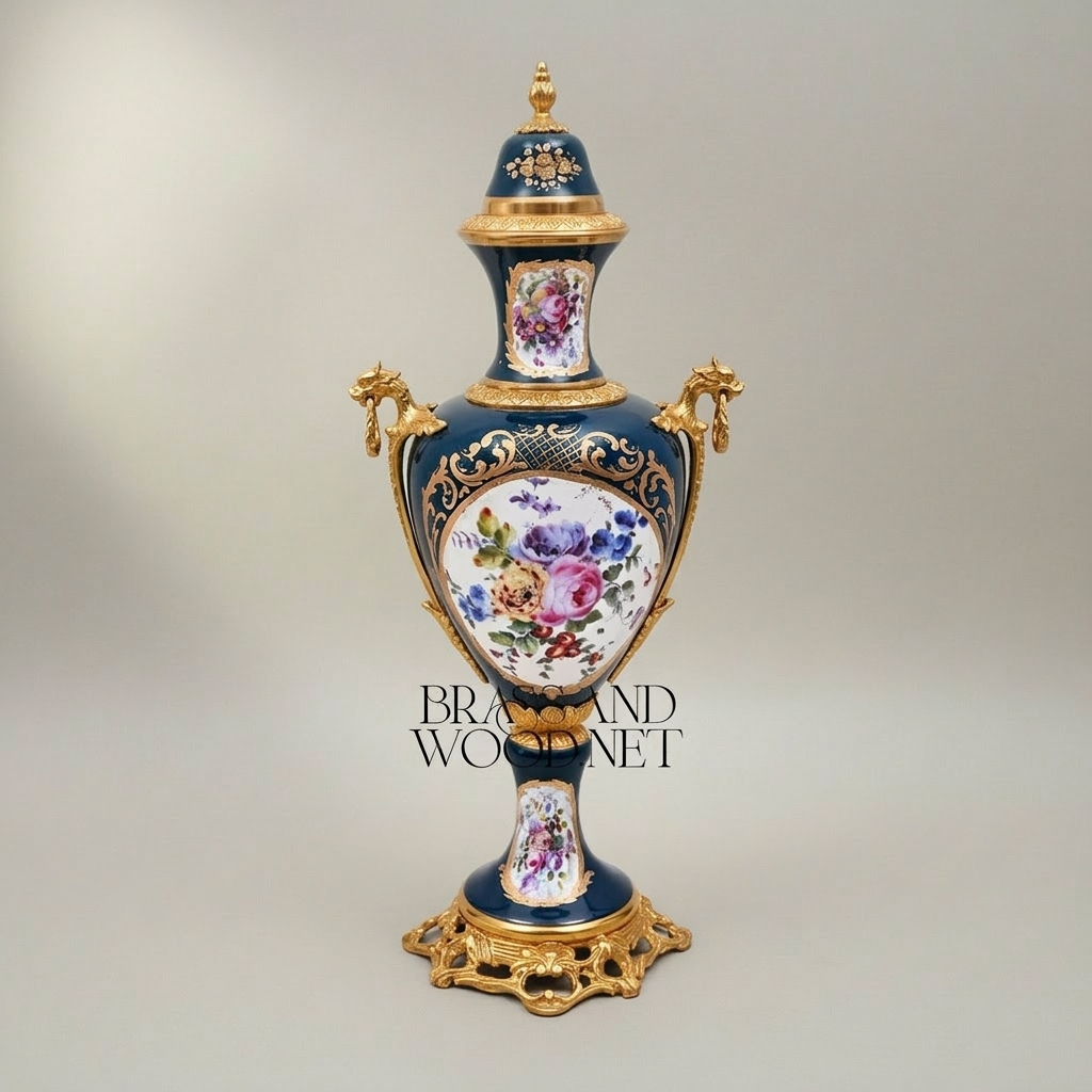 Sèvres-Style Porcelain & Brass Vase Set – Hand-Painted Floral Panels on Navy Ground
