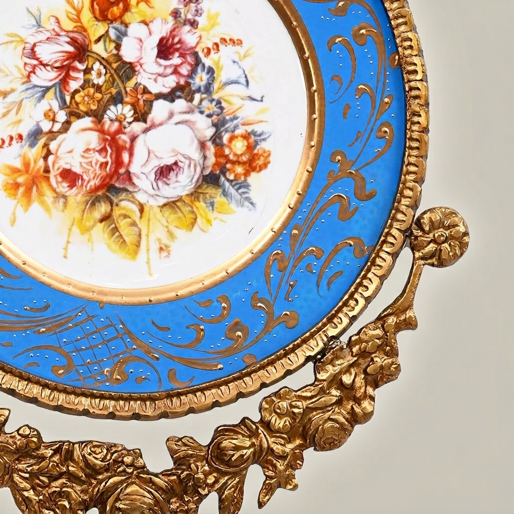Sèvres-Style Porcelain Decorative Wall Plate with Brass Ribbon Crest — Antique Gold
