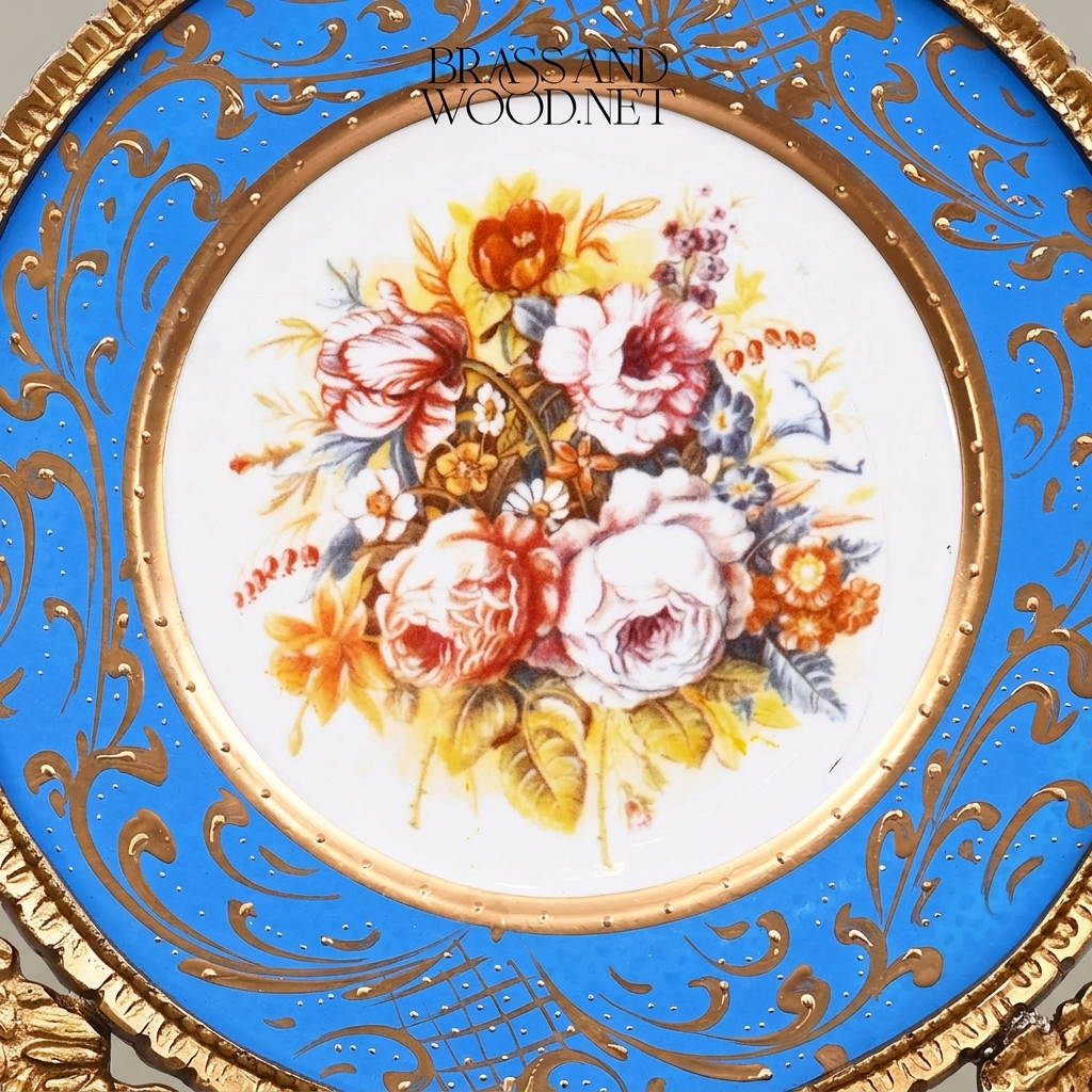 Sèvres-Style Porcelain Decorative Wall Plate with Brass Ribbon Crest — Antique Gold