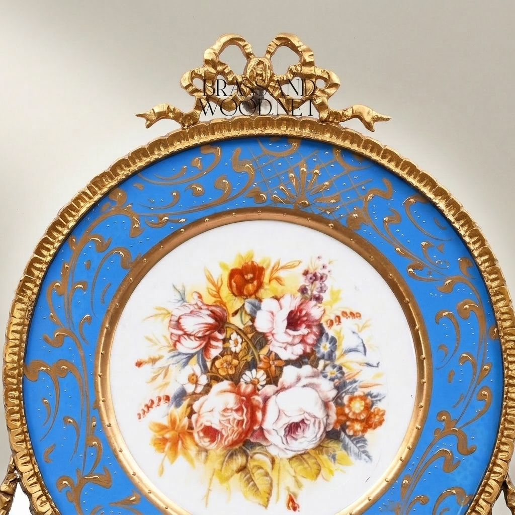 Sèvres-Style Porcelain Decorative Wall Plate with Brass Ribbon Crest — Gold