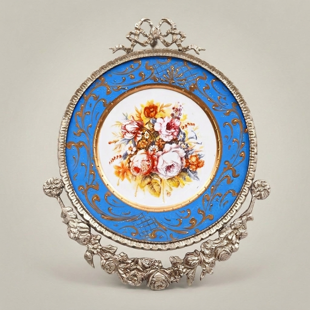 Sèvres-Style Porcelain Decorative Wall Plate with Brass Ribbon Crest — Silver
