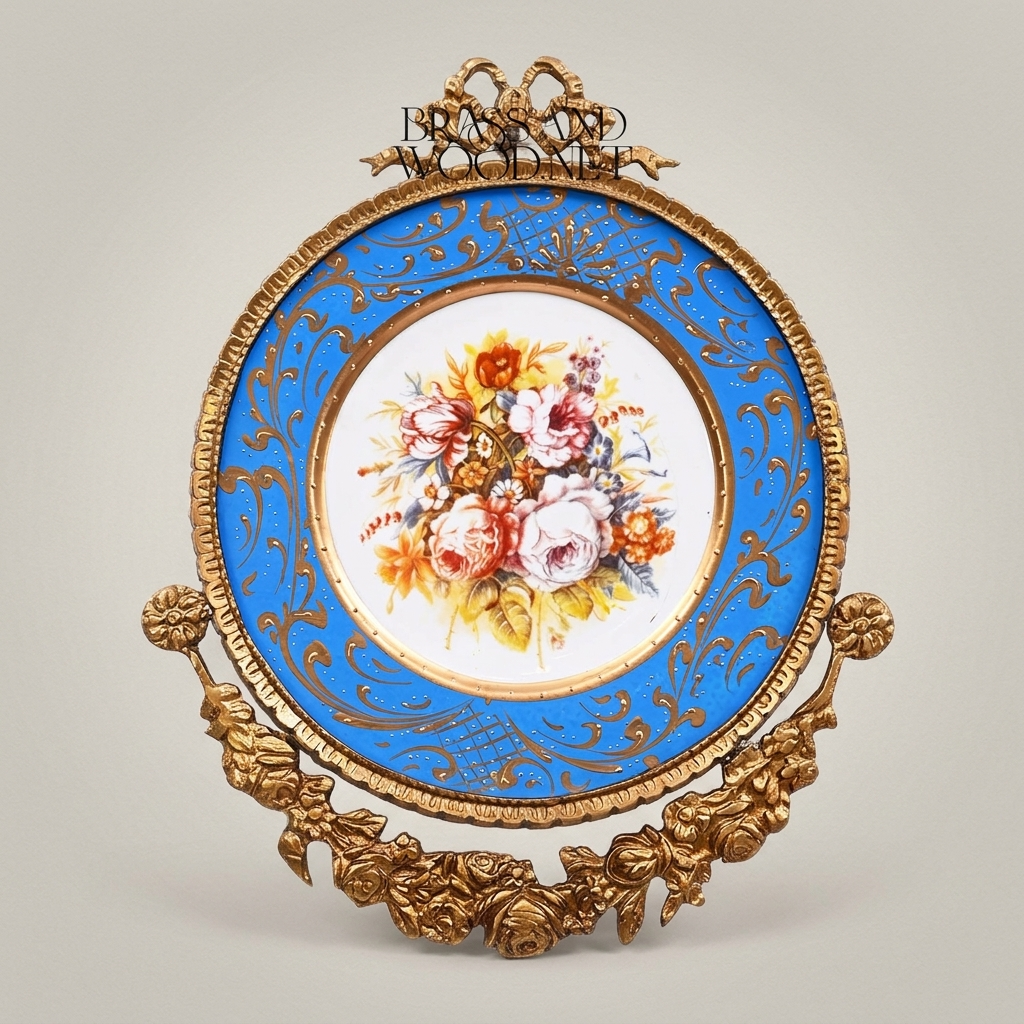 Sèvres-Style Porcelain Decorative Wall Plate with Brass Ribbon Crest — Antique Gold