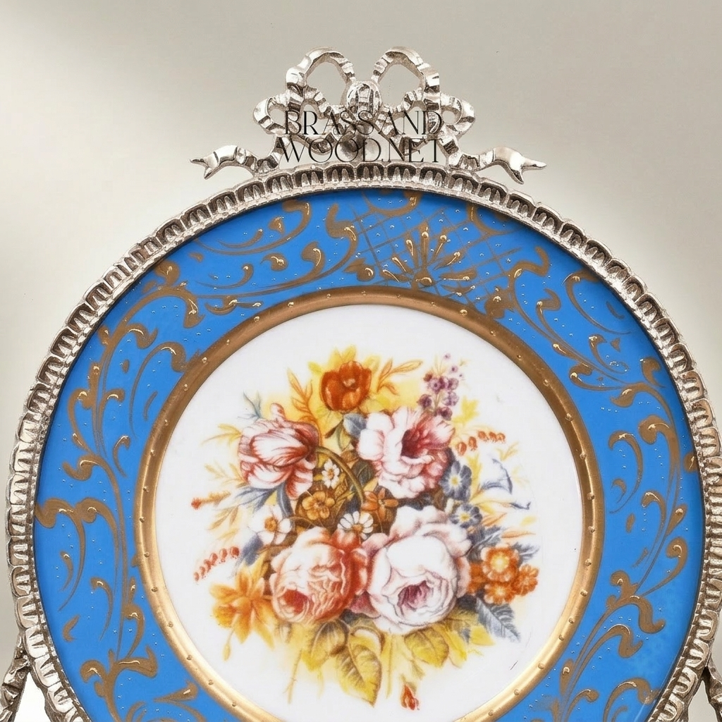 Sèvres-Style Porcelain Decorative Wall Plate with Brass Ribbon Crest — Silver