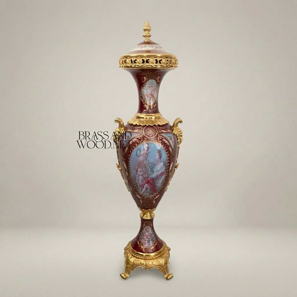 Sèvres-Style Porcelain Lidded Urn - Hand-Painted Mythological Cartouche — Gold