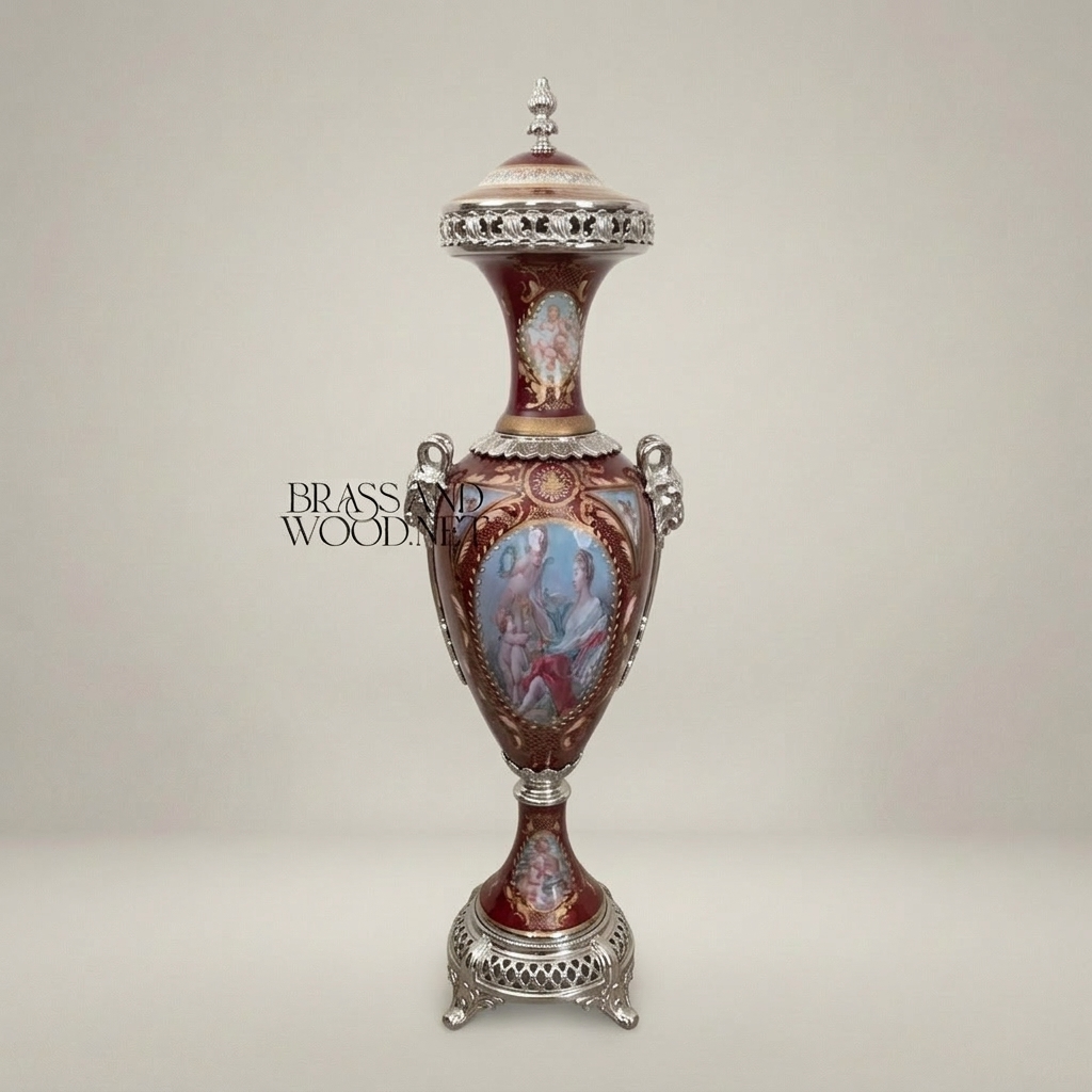 Sèvres-Style Porcelain Lidded Urn - Hand-Painted Mythological Cartouche — Silver