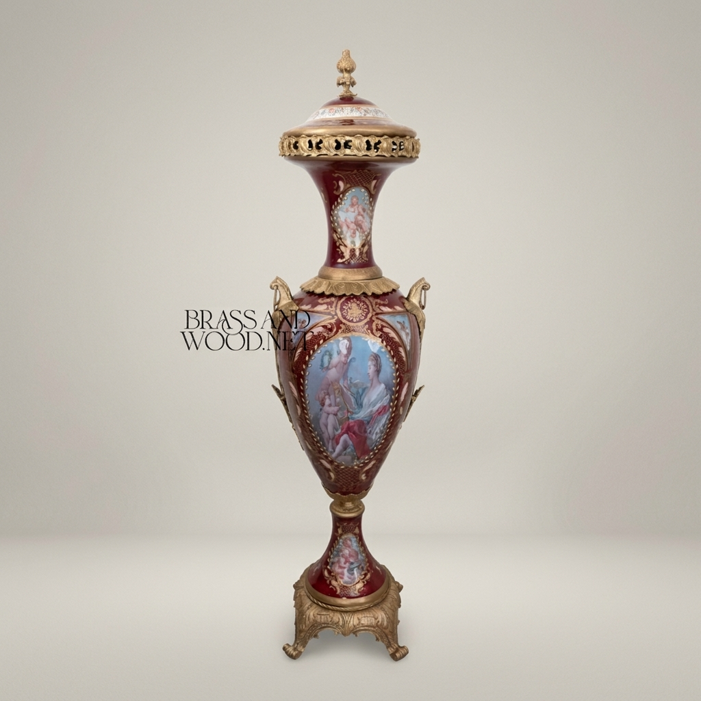 Sèvres-Style Porcelain Lidded Urn - Hand-Painted Mythological Cartouche — Antique Gold