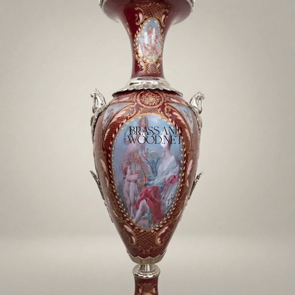 Sèvres-Style Porcelain Lidded Urn - Hand-Painted Mythological Cartouche — Silver