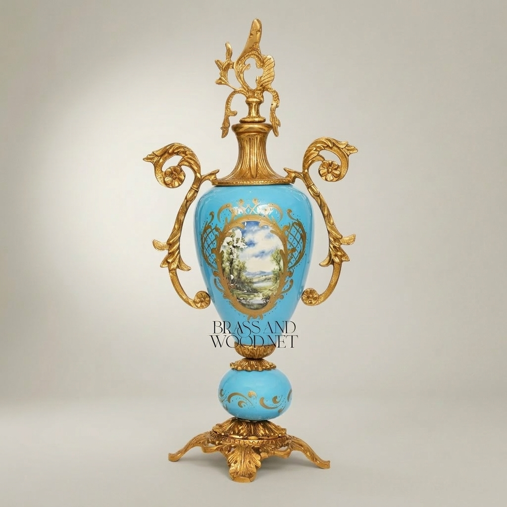 Sèvres-Style Rococo Ceramic Urn Vase with Ormolu Mounts & Hand-Painted Landscape Medallion