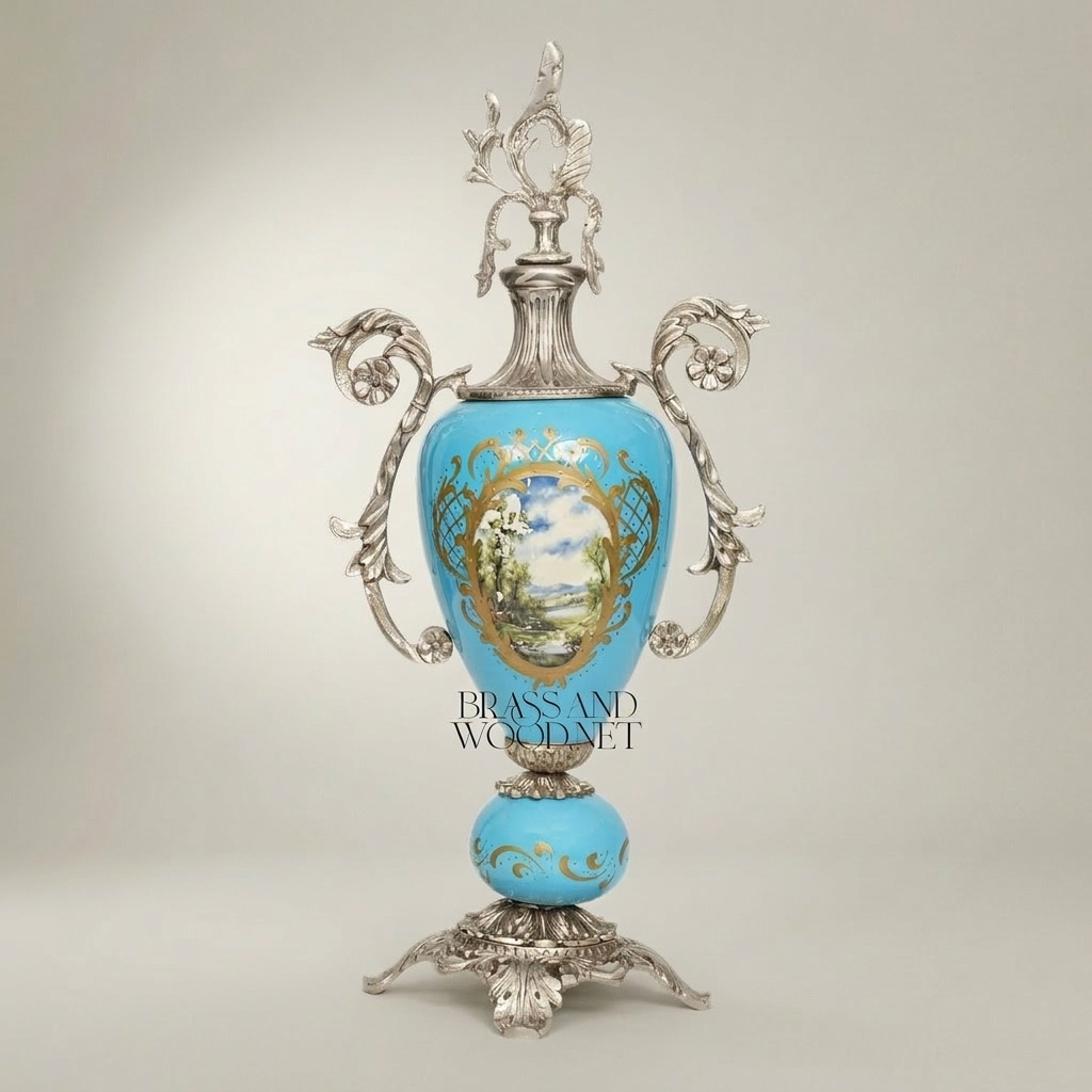 Sèvres-Style Rococo Ceramic Urn Vase with Ormolu Mounts & Hand-Painted Landscape Medallion — Silver