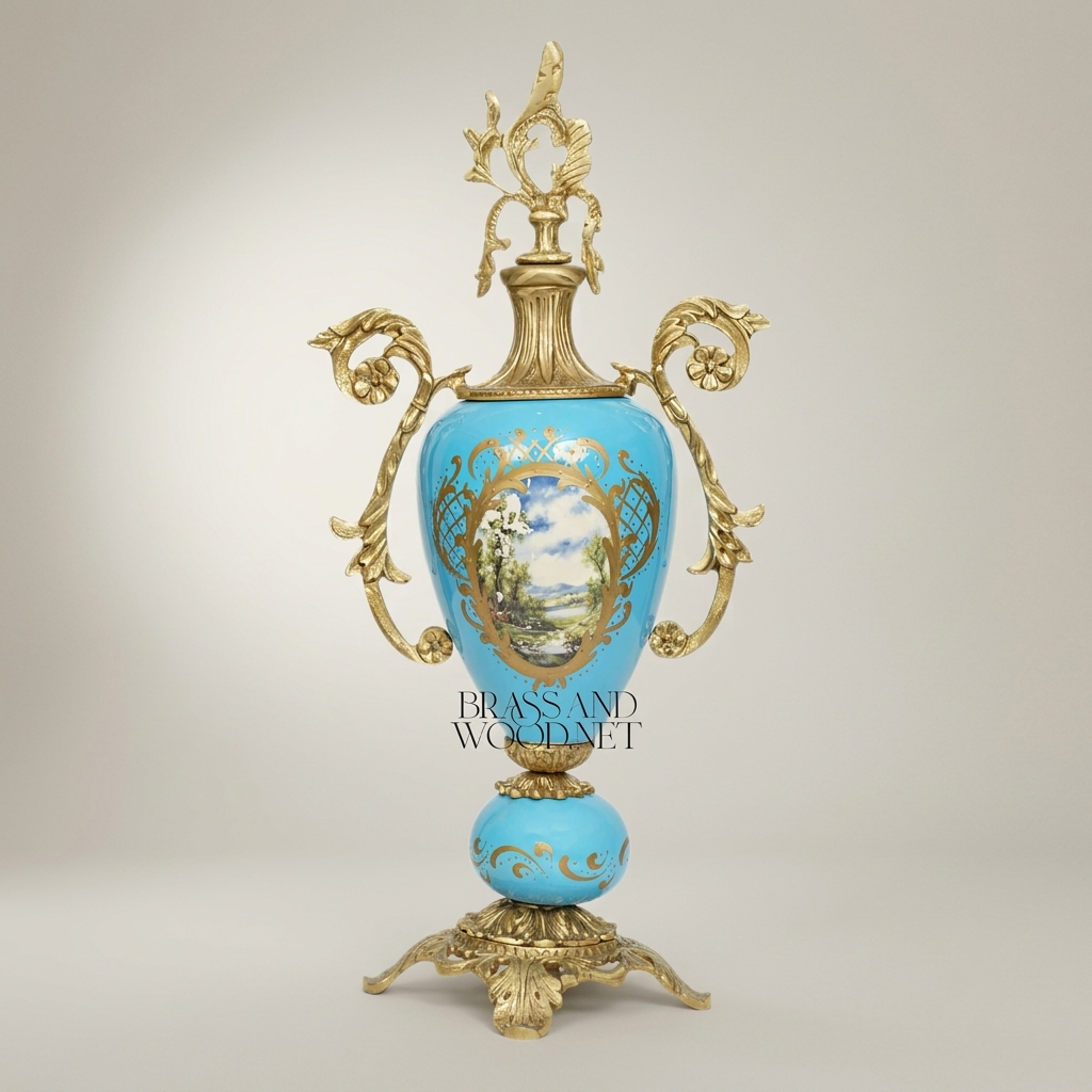 Sèvres-Style Rococo Ceramic Urn Vase with Ormolu Mounts & Hand-Painted Landscape Medallion — Antique Gold