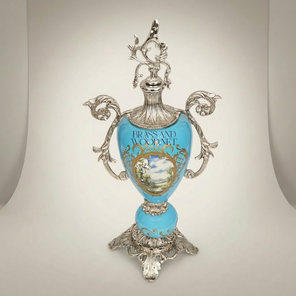Sèvres-Style Rococo Ceramic Urn Vase with Ormolu Mounts & Hand-Painted Landscape Medallion — Silver