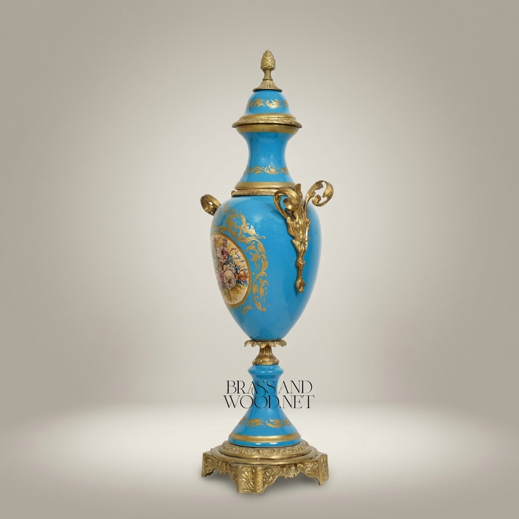 Sèvres-Style Turquoise Ceramic Lidded Urn Vase with Hand-Painted Floral Medallion — Antique Gold