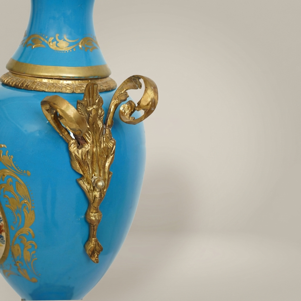 Sèvres-Style Turquoise Ceramic Lidded Urn Vase with Hand-Painted Floral Medallion — Antique Gold