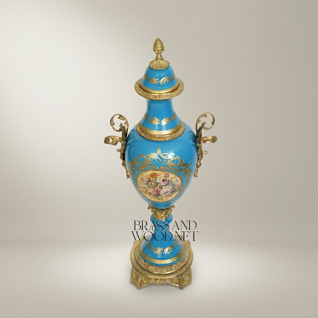 Sèvres-Style Turquoise Ceramic Lidded Urn Vase with Hand-Painted Floral Medallion — Antique Gold