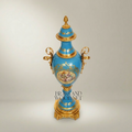 Sèvres-Style Turquoise Ceramic Lidded Urn Vase with Hand-Painted Floral Medallion — Gold
