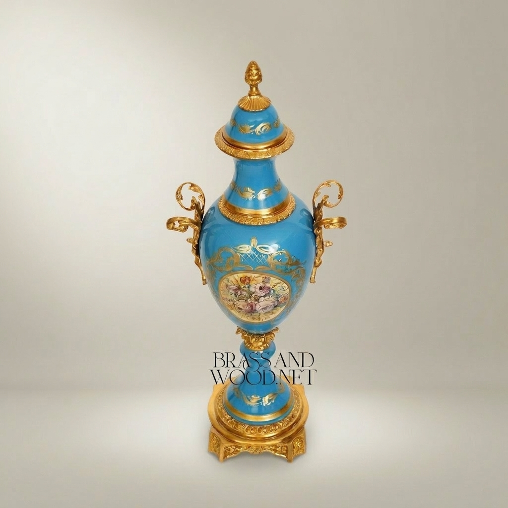Sèvres-Style Turquoise Ceramic Lidded Urn Vase with Hand-Painted Floral Medallion — Gold