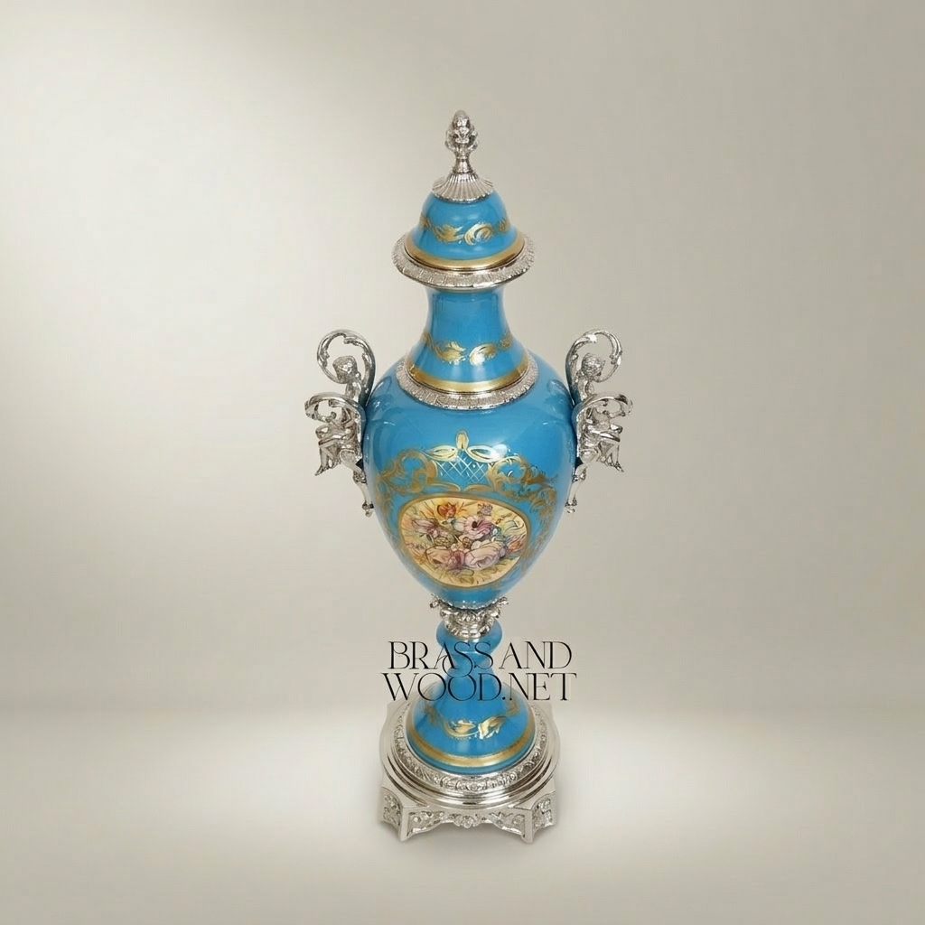 Sèvres-Style Turquoise Ceramic Lidded Urn Vase with Hand-Painted Floral Medallion — Silver
