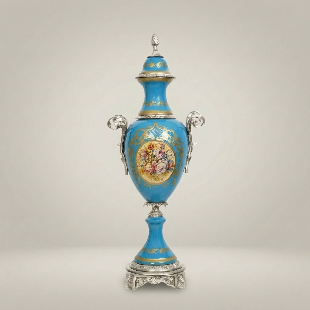 Sèvres-Style Turquoise Ceramic Lidded Urn Vase with Hand-Painted Floral Medallion — Silver