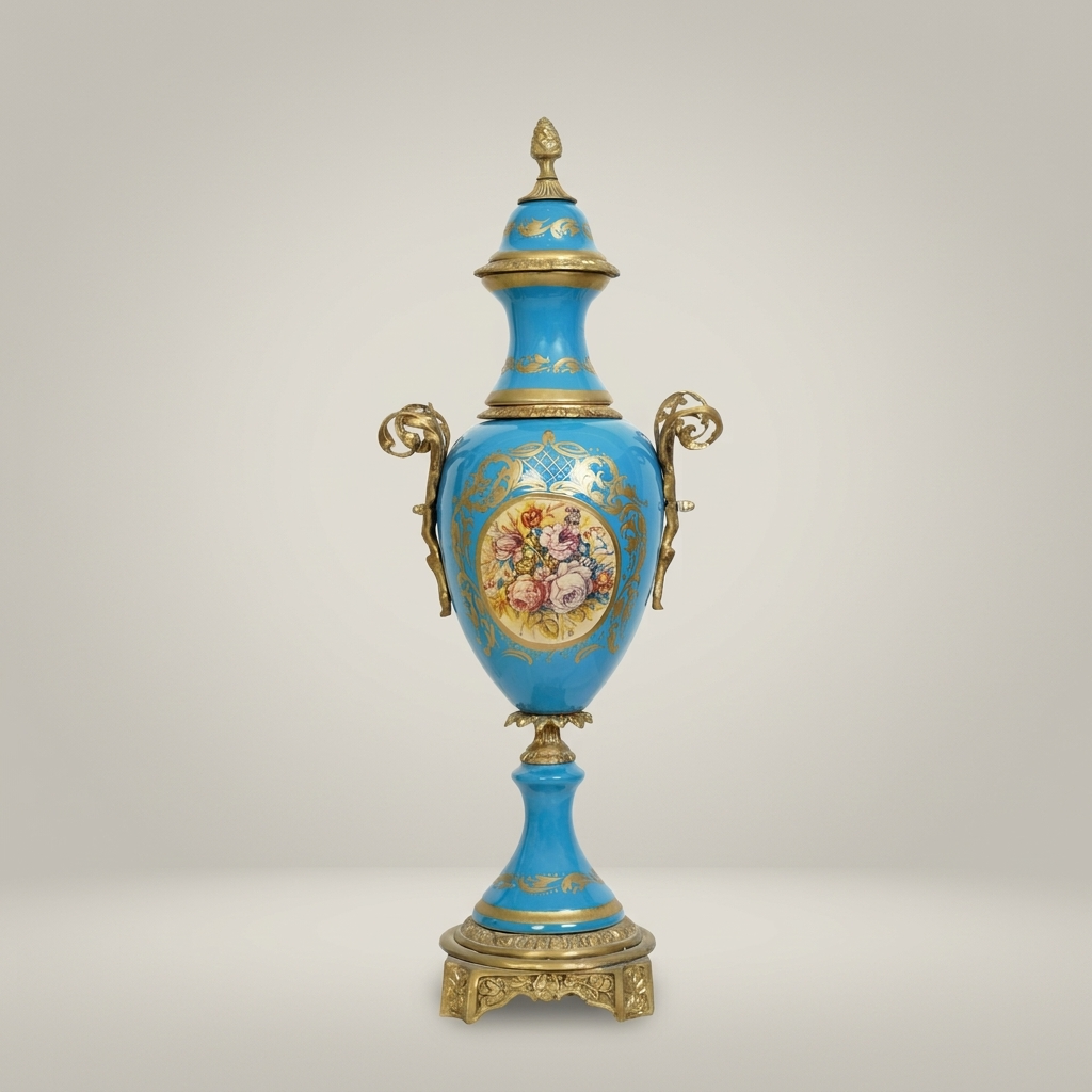 Sèvres-Style Turquoise Ceramic Lidded Urn Vase with Hand-Painted Floral Medallion — Antique Gold