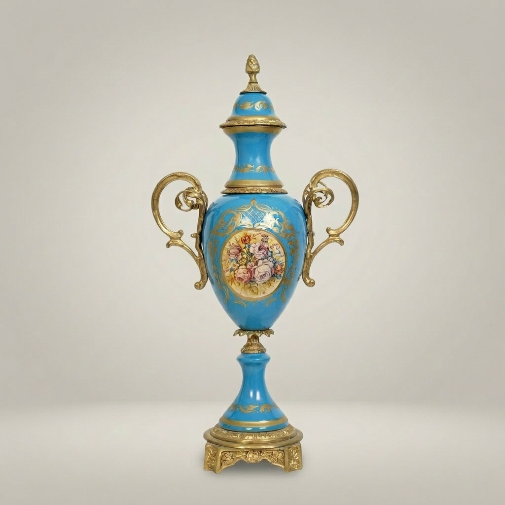 Sèvres-Style Turquoise Ceramic Lidded Urn Vase with Hand-Painted Floral Medallion — Gold