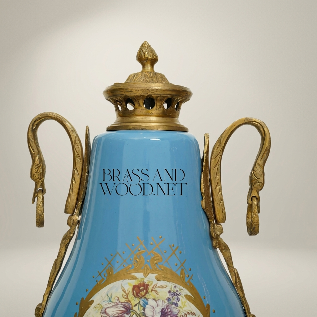 Sèvres-Style Turquoise Ceramic Covered Urn Vase with Swan-Neck Handles and Floral Medallion — Antique Gold