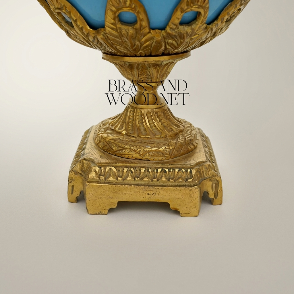 Sèvres-Style Turquoise Ceramic Covered Urn Vase with Swan-Neck Handles and Floral Medallion — Antique Gold