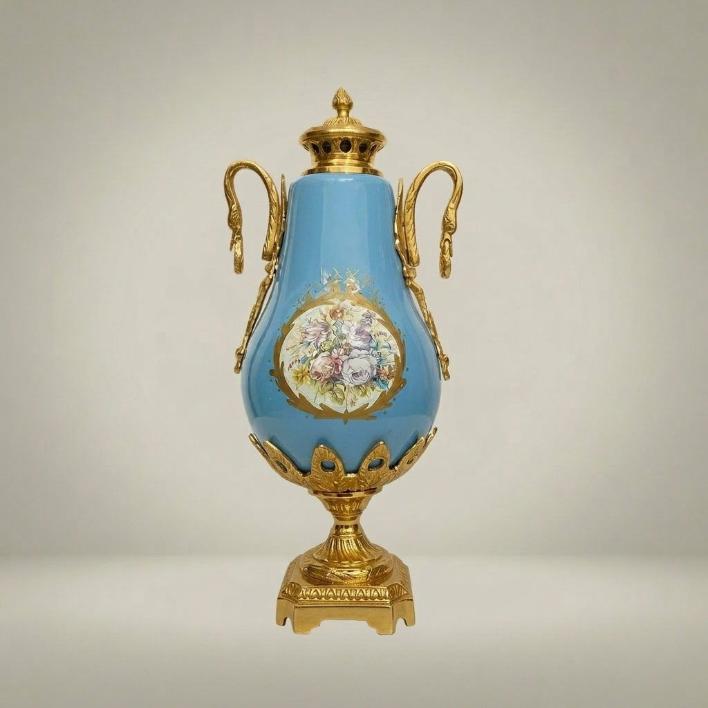 Sèvres-Style Turquoise Ceramic Covered Urn Vase with Swan-Neck Handles and Floral Medallion