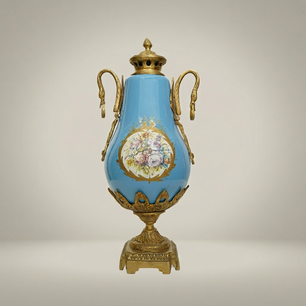Sèvres-Style Turquoise Ceramic Covered Urn Vase with Swan-Neck Handles and Floral Medallion — Antique Gold