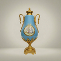 Sèvres-Style Turquoise Ceramic Covered Urn Vase with Swan-Neck Handles and Floral Medallion — Gold