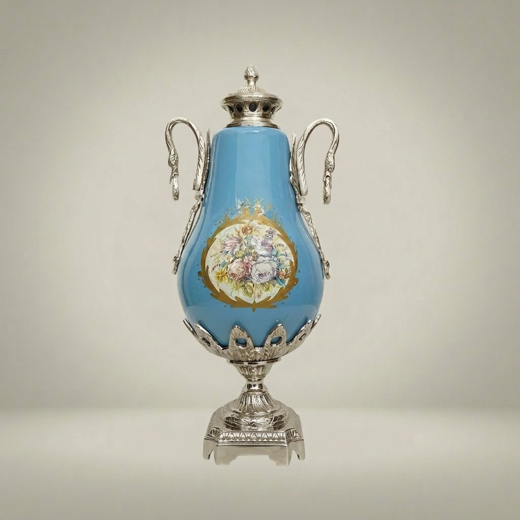 Sèvres-Style Turquoise Ceramic Covered Urn Vase with Swan-Neck Handles and Floral Medallion — Silver