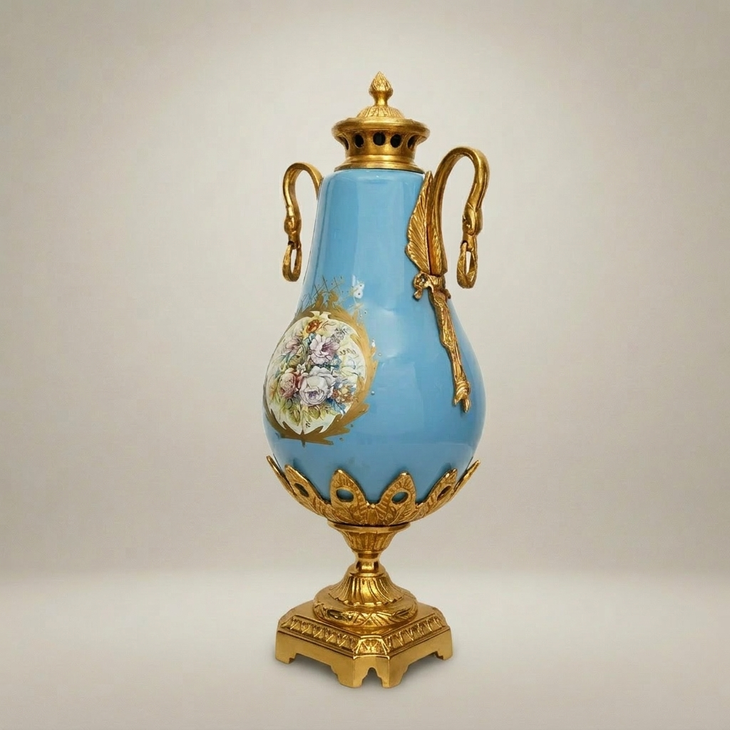 Sèvres-Style Turquoise Ceramic Covered Urn Vase with Swan-Neck Handles and Floral Medallion