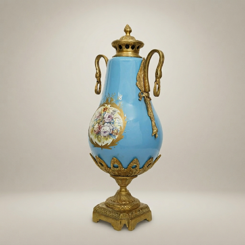 Sèvres-Style Turquoise Ceramic Covered Urn Vase with Swan-Neck Handles and Floral Medallion — Antique Gold