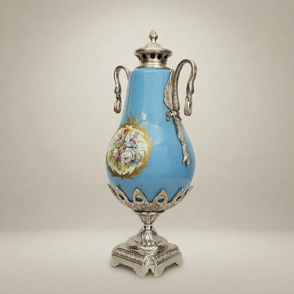 Sèvres-Style Turquoise Ceramic Covered Urn Vase with Swan-Neck Handles and Floral Medallion — Silver