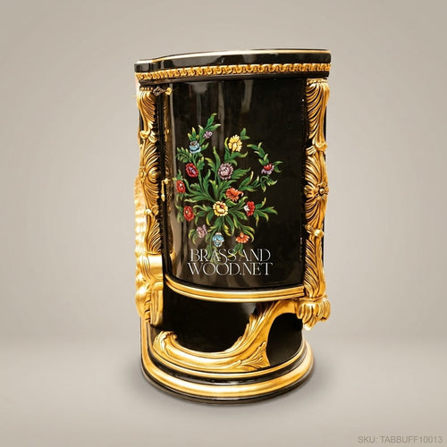 Brass & Wood Baroque Hand-Painted Floral Black Lacquer Dining Buffet