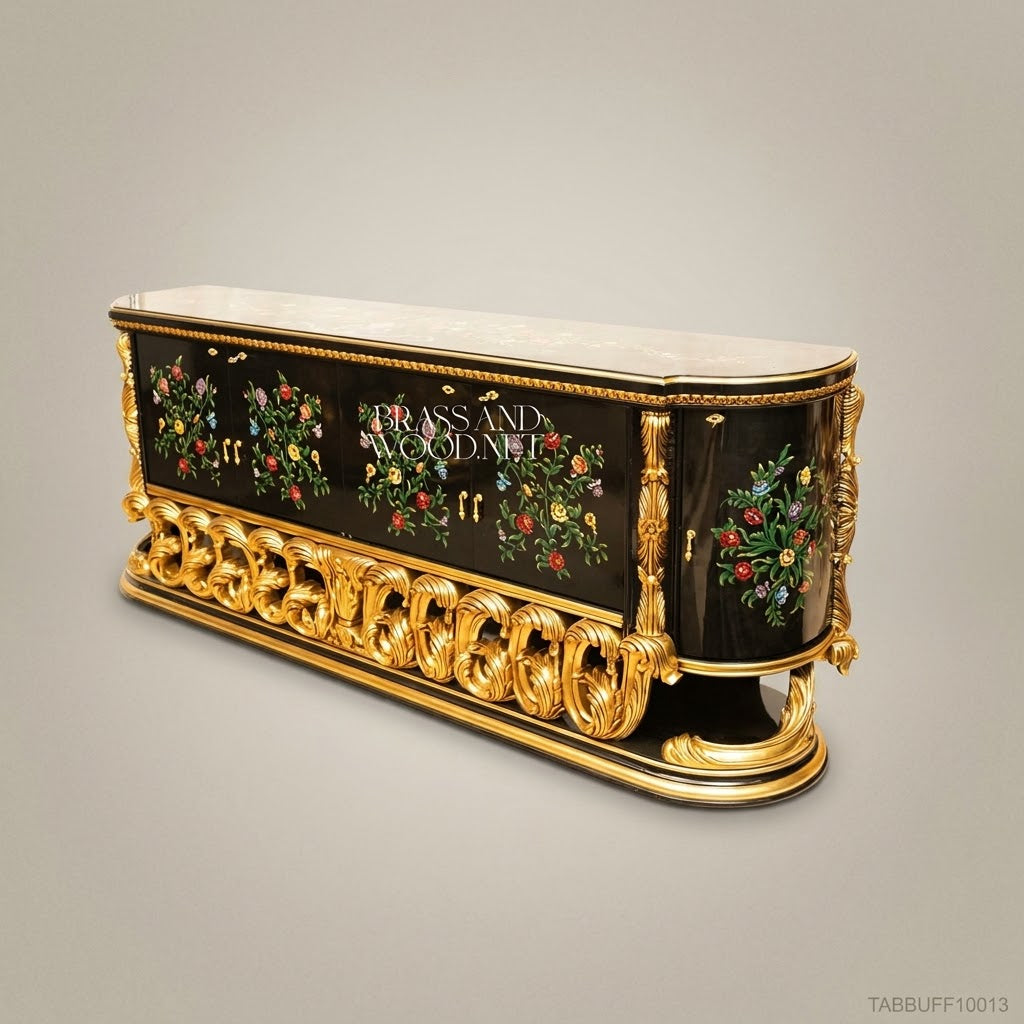 Brass & Wood Baroque Hand-Painted Floral Black Lacquer Dining Buffet