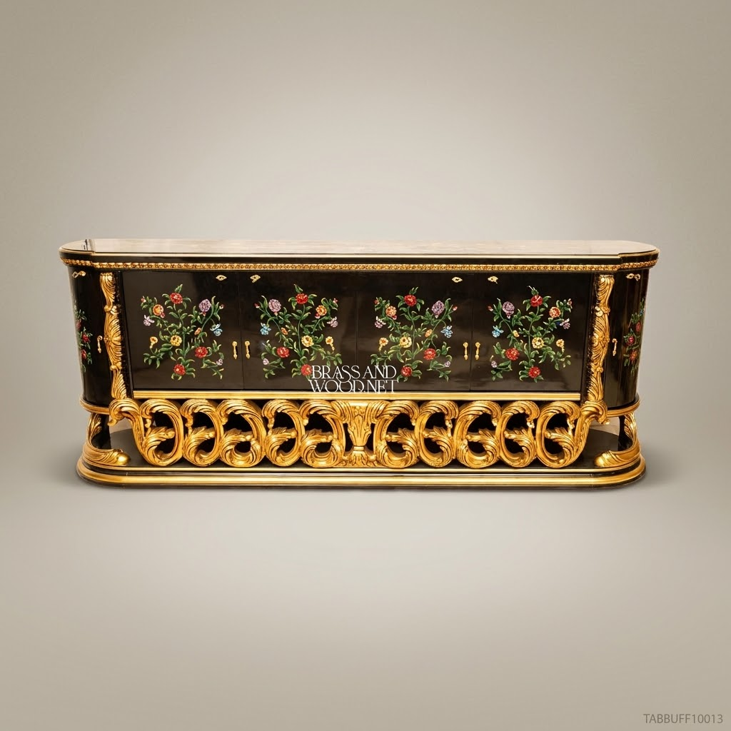 Brass & Wood Baroque Hand-Painted Floral Black Lacquer Dining Buffet